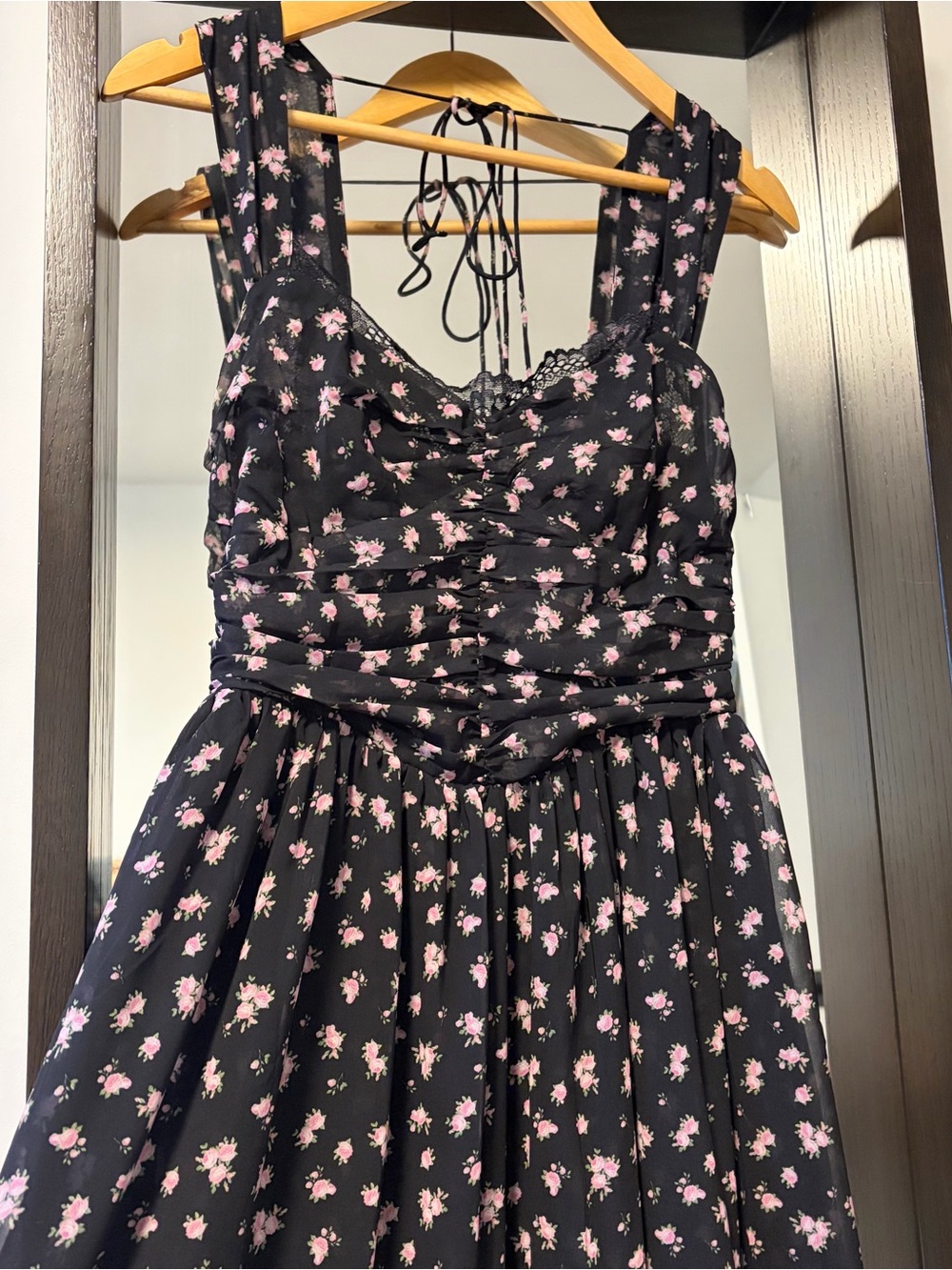 For Love and Lemons Black Floral Sundress with Pink Roses